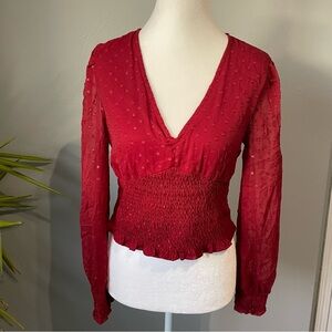 B.O.G. Collective Dark Red Dotted Blouse V-Neck Smocked Waist Long Sleeve Top